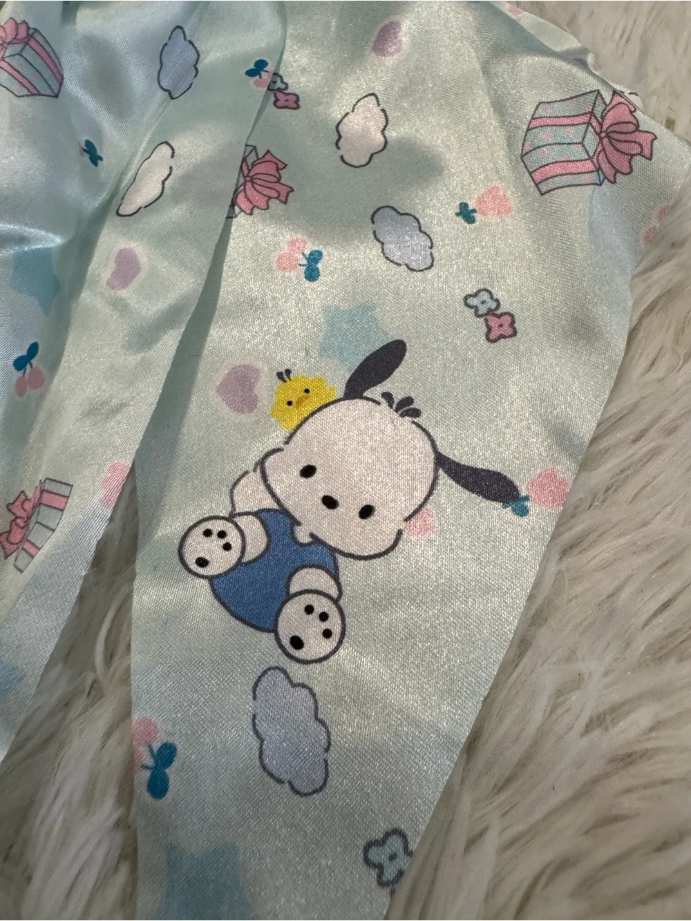 Pochacco Satin coquette Bow Hair pin in Light Aqua with Cute Character Print